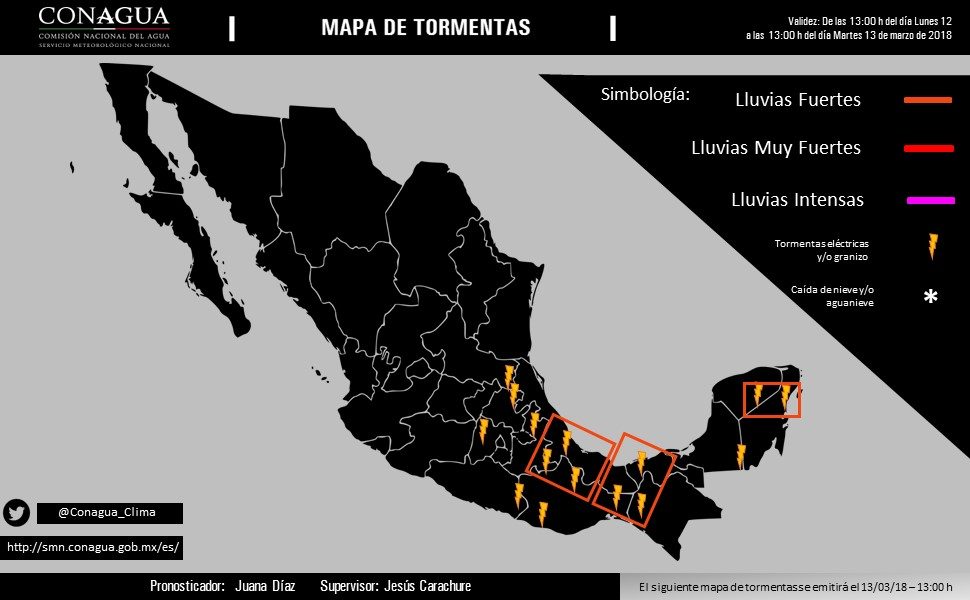 Tormentas muy fuertes en regiones de Puebla, Veracruz, Oaxaca y Chiapas