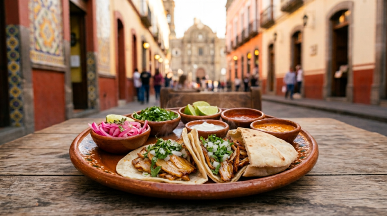 Tacos árabes en pan árabe y tortilla con cebolla curtida y salsas, sobre una mesa en una calle del centro de Puebla