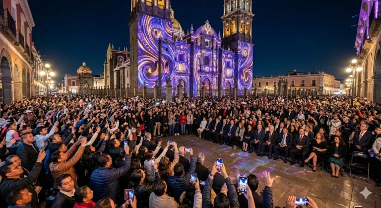 Multitud reunida en el atrio de la Catedral de Puebla durante la inauguración del Festival Glow México 2026, con proyecciones de videomapping en violeta y dorado sobre la fachada barroca del edificio histórico.
