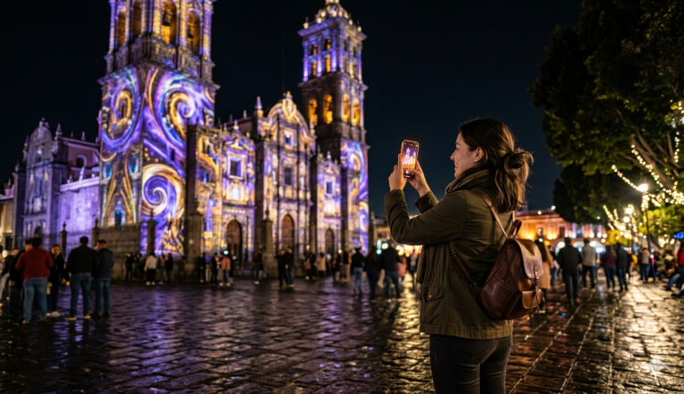 Mujer fotografiando con su celular las proyecciones de videomapping sobre la Catedral de Puebla durante el Festival Glow México 2026 en el Centro Histórico.