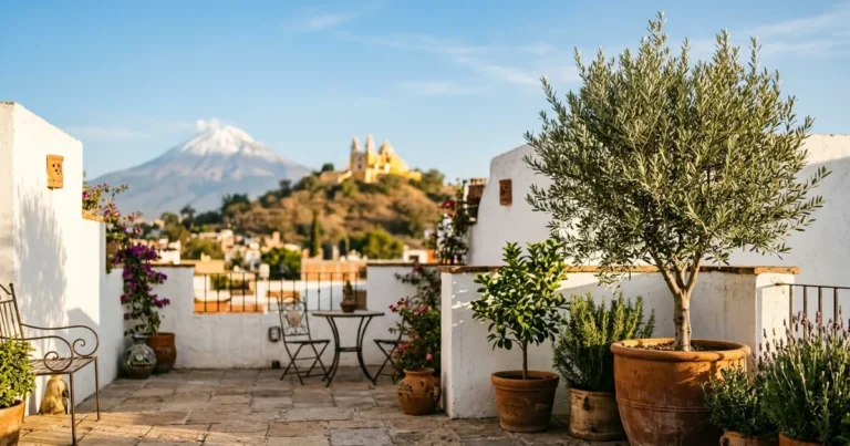 Terraza con olivo en maceta grande y &aacute;rboles para jard&iacute;n en San Andr&eacute;s Cholula