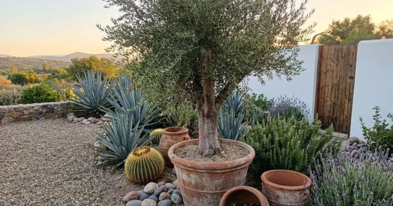 Olivo en maceta grande con agaves, biznaga y romero en un jard&iacute;n de bajo riego