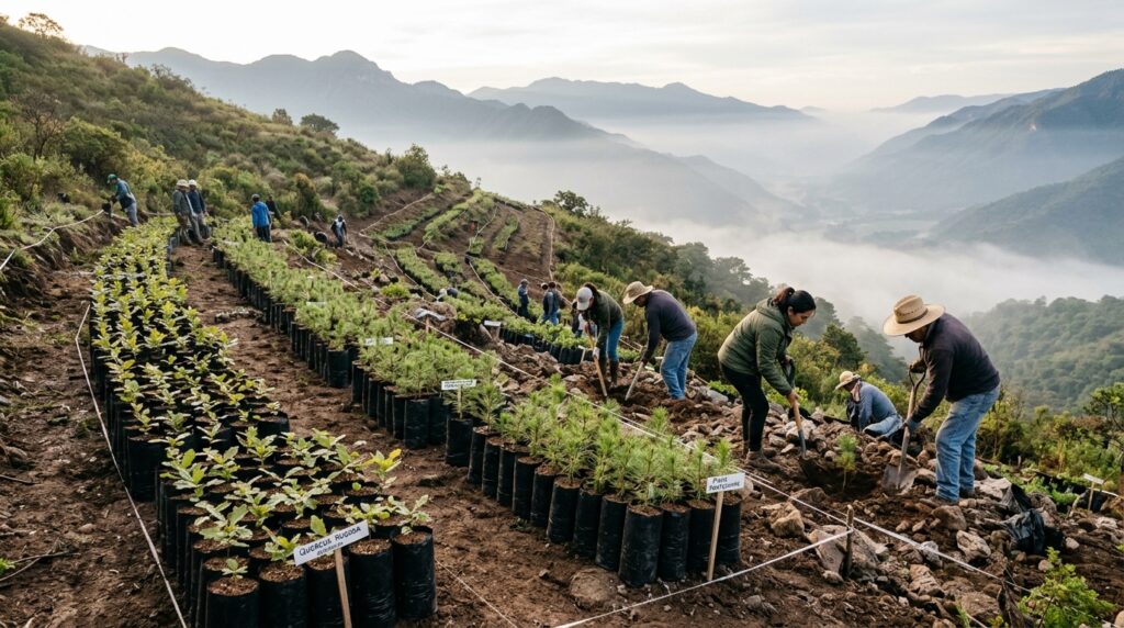 “Reforestación en Puebla: plantas de encino y ocote en bolsa listas para plantar