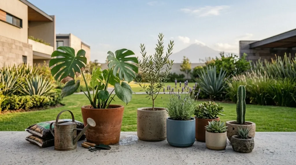 Terraza residencial con plantas de interior y exterior en macetas de diseño, viveros cerca de Angelópolis, Puebla