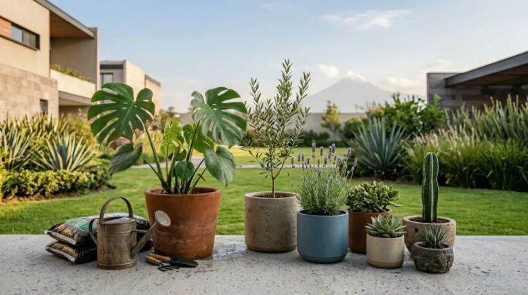 Terraza residencial con plantas de interior y exterior en macetas de dise&ntilde;o, viveros cerca de Angel&oacute;polis, Puebla